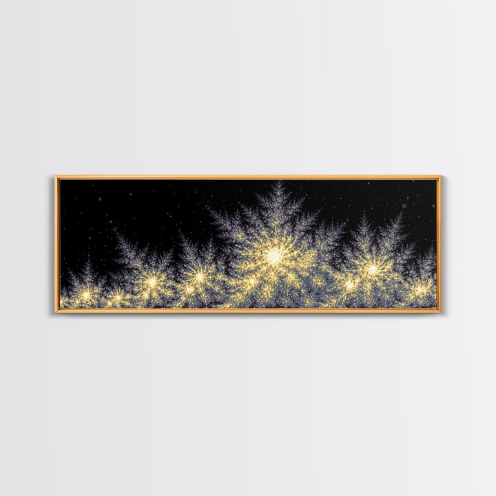 Golden Sparkling Tree Line Wall Art, Panoramic Winter Night Poster, Modern Abstract Art Print, Festive Metallic Home Decor