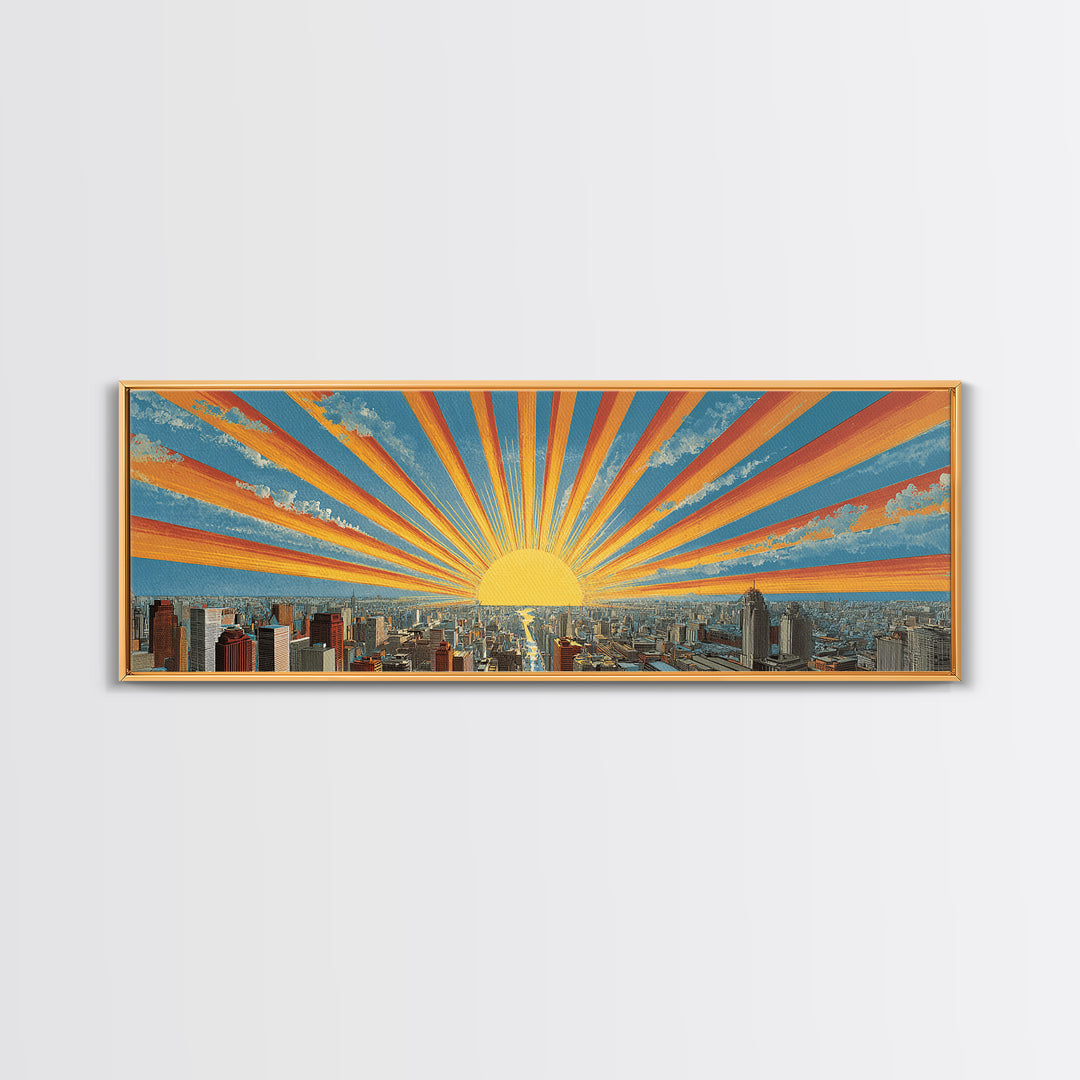 Radiant Sunrise City Skyline Framed Canvas Print, Panoramic Retro Travel Poster, Midcentury Modern Wall Art, Bright Home Decor