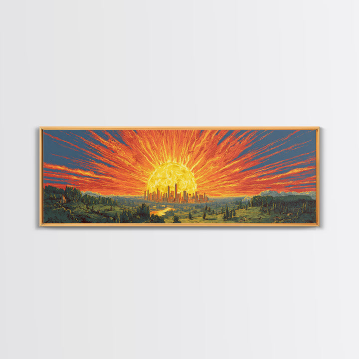 Fiery Solar Cityscape Canvas Print, Panoramic Apocalypse Sunset Poster, Bold Modern Abstract Art, Orange Wall Decor For Home