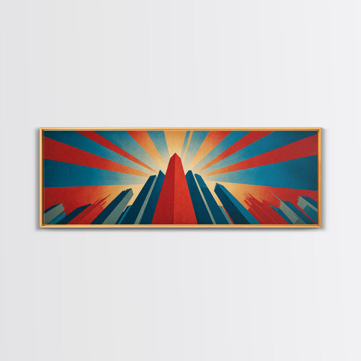 Dramatic Art Deco Skyscraper Wall Art, Panoramic Sunburst City Poster, Retro Modern Art Print, Bold Office Wall Decor Gift