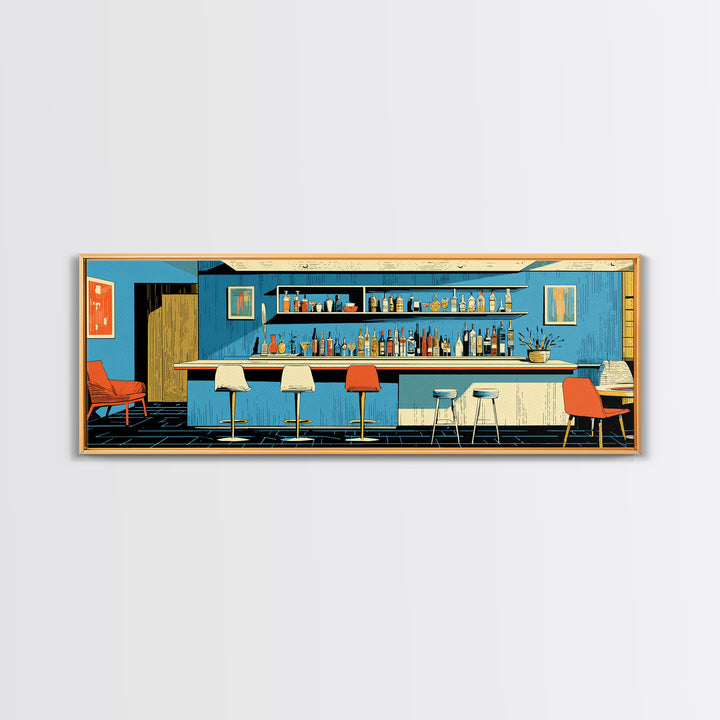 Blue Midcentury Cocktail Bar Wall Art, Retro Lounge Poster, Modern Home Decor, Framed Canvas Print, Bar Cart Wall Decor Gift