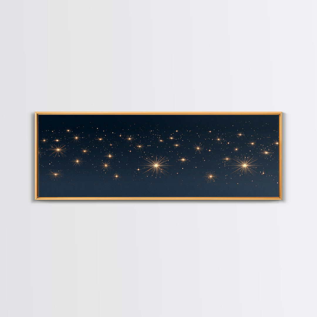Warm Gold Starry Night Canvas Print, Cosmic Modern Wall Art, Navy Celestial Space Decor, Elegant Bedroom And Home Office Poster Gift