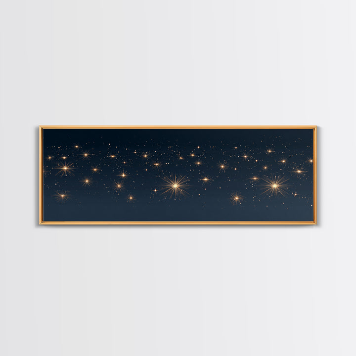 Warm Gold Starry Night Canvas Print, Cosmic Modern Wall Art, Navy Celestial Space Decor, Elegant Bedroom And Home Office Poster Gift