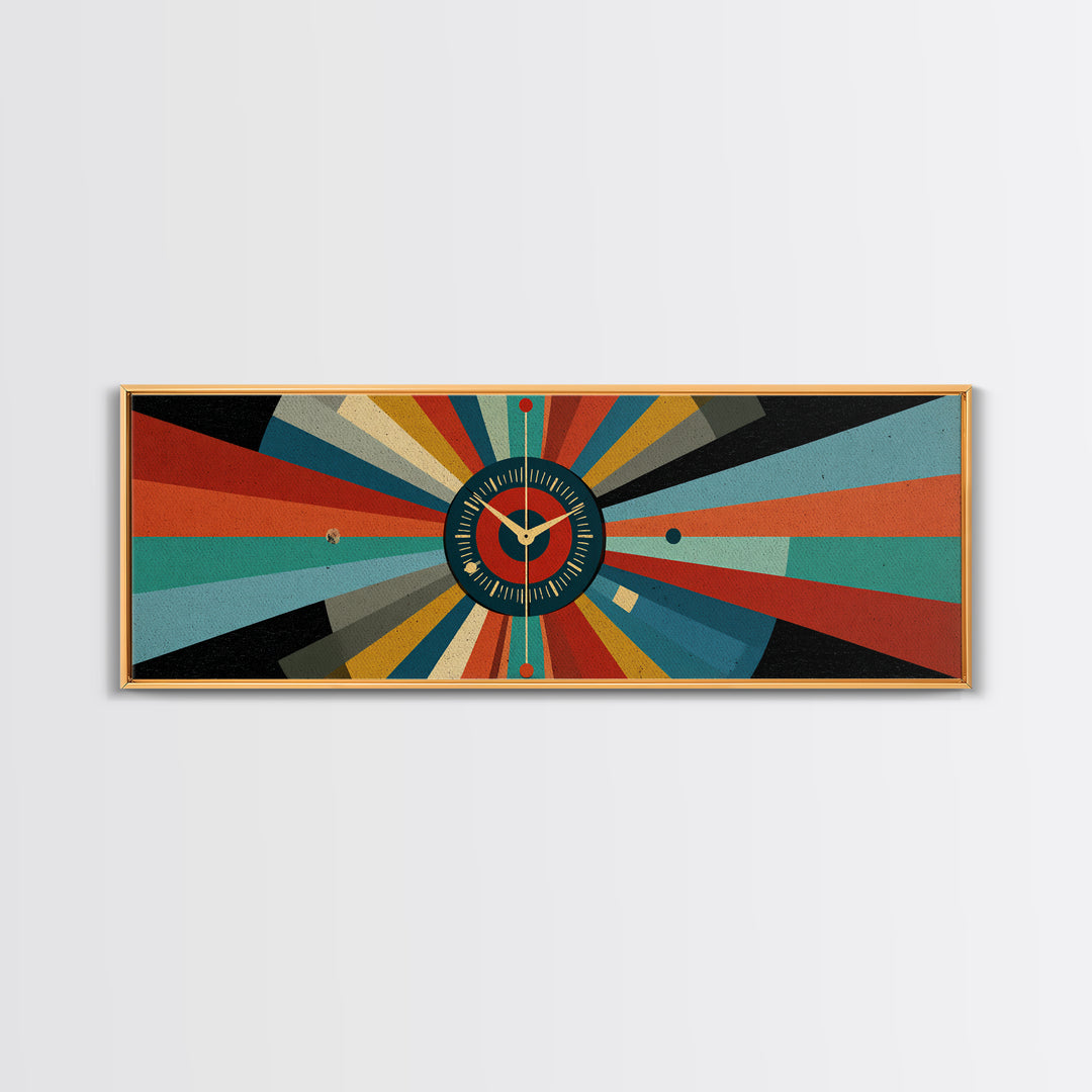 Atomic Clock Sunburst Wall Art, Midcentury Modern Canvas, Retro Geometric Poster, MCM Home Decor, Panoramic Abstract Print