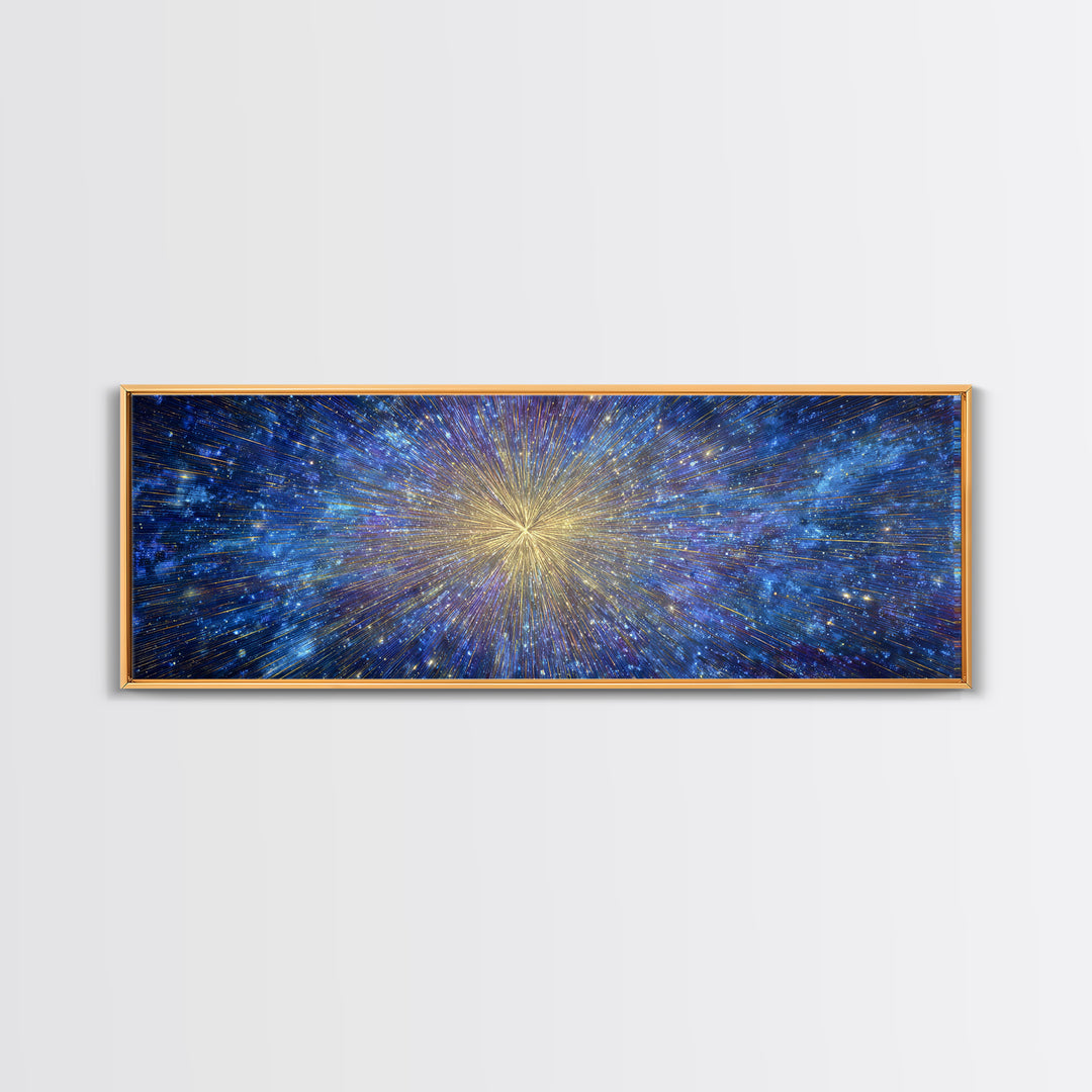 Blue Gold Cosmic Starburst Canvas Print, Space Abstract Wall Decor, Modern Digital Art, Galaxy Light Speed Panoramic Poster