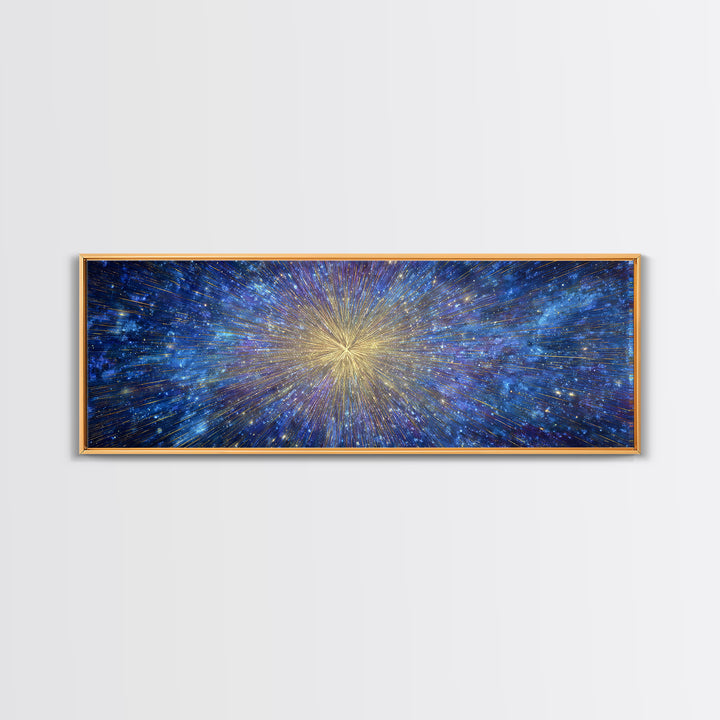 Blue Gold Cosmic Starburst Canvas Print, Space Abstract Wall Decor, Modern Digital Art, Galaxy Light Speed Panoramic Poster