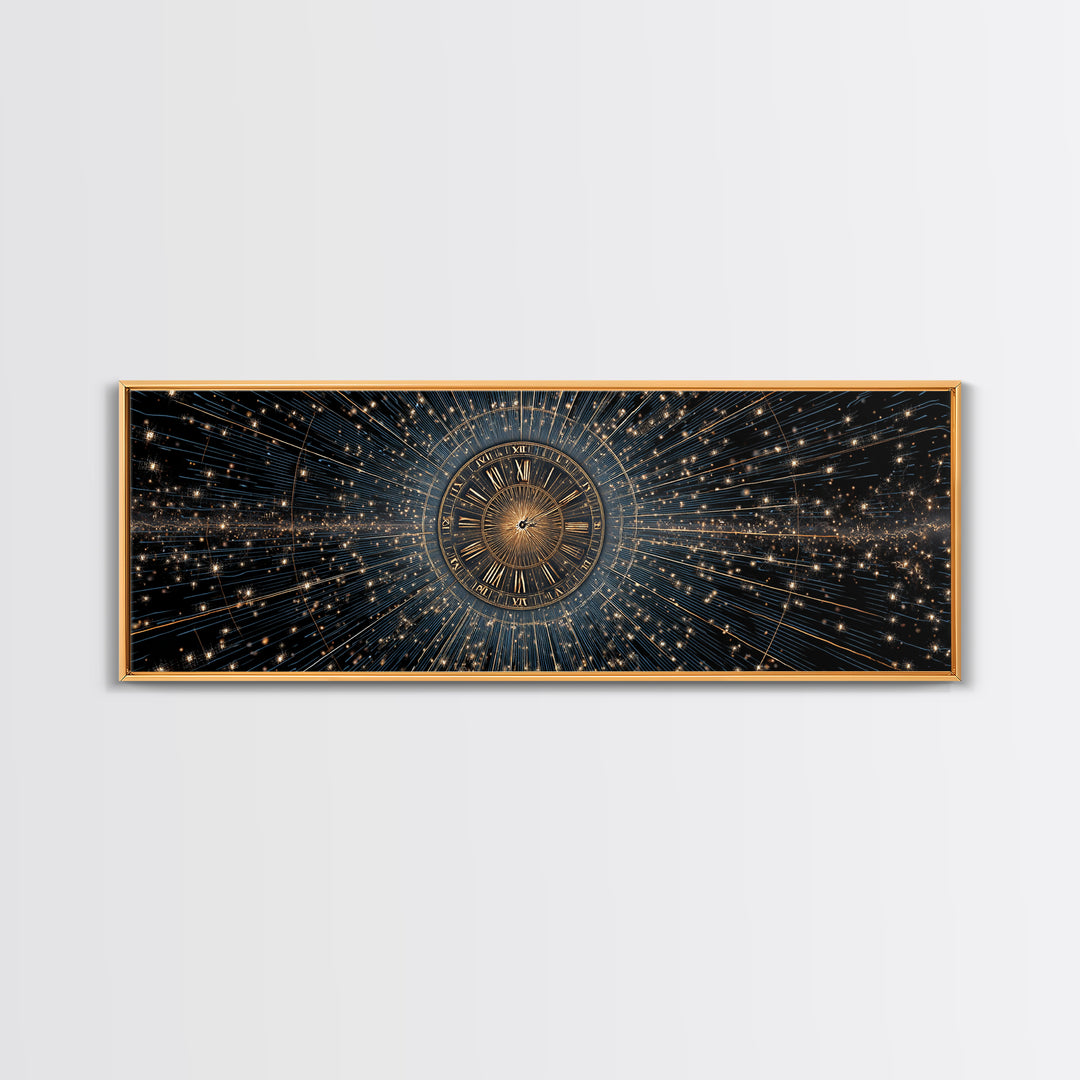 Celestial Clock Time Warp Wall Art, Gold Blue Cosmic Abstract Poster, Modern Space Decor, Panoramic Galaxy Artwork Print