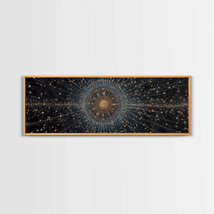 Celestial Clock Time Warp Wall Art, Gold Blue Cosmic Abstract Poster, Modern Space Decor, Panoramic Galaxy Artwork Print