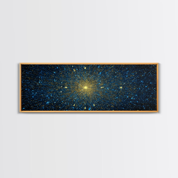 Golden Core Light Speed Canvas Print, Blue Galaxy Abstract Wall Decor, Modern Space Poster, Cosmic Panoramic Digital Artwork
