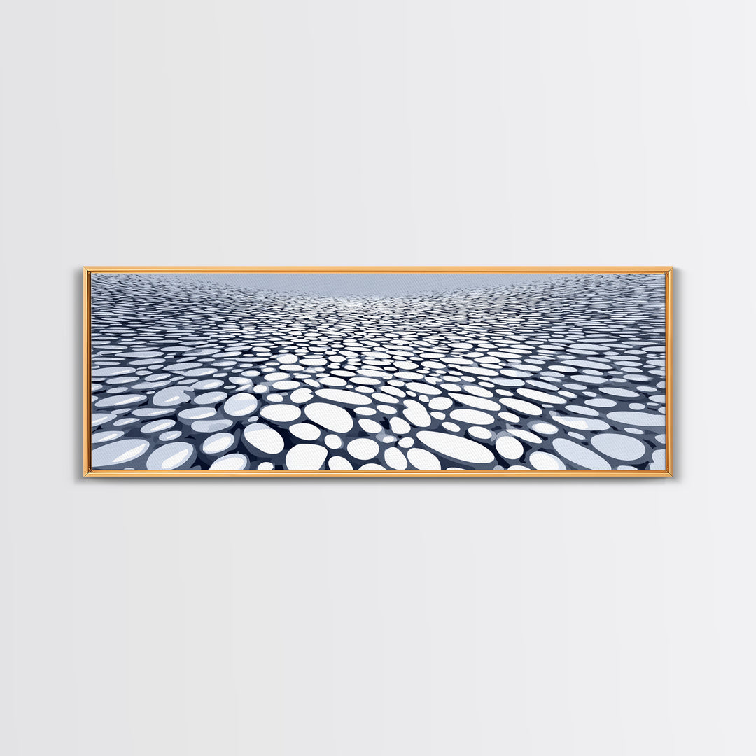 Blue White Pebble Horizon Perspective Canvas Print, Abstract Wall Art, Modern Geometric Decor For Office And Living Room