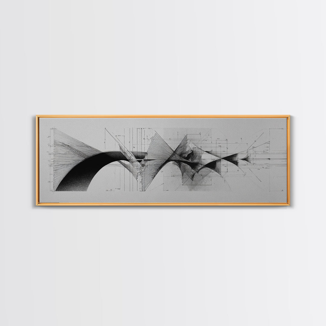 Monochrome Architectural Arcs And Lines Wall Art, Midcentury Modern Abstract Print, Black White Office Decor, Framed Canvas Print