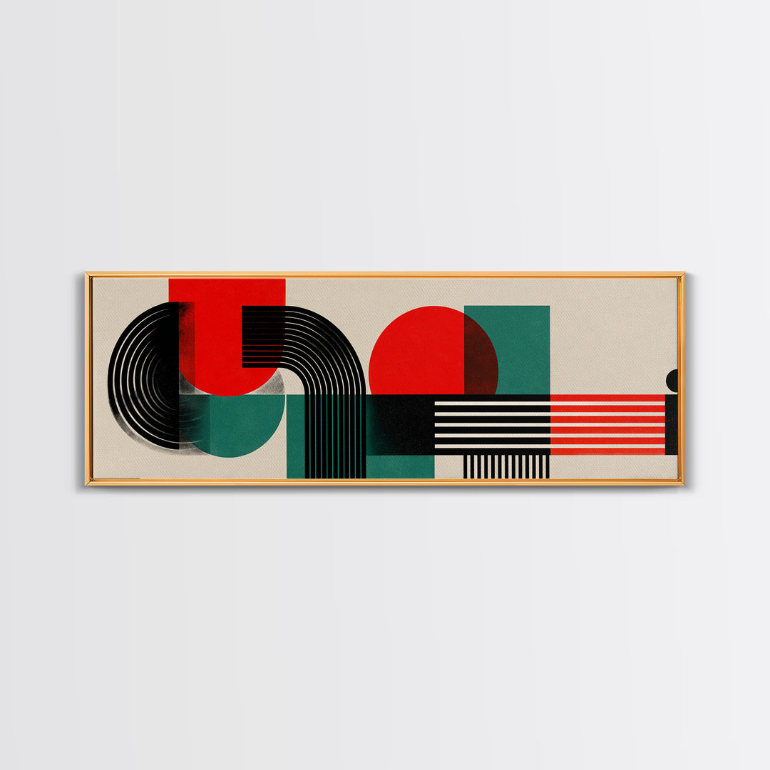 Bauhaus Red Teal Geometric Shapes Framed Canvas Print, Midcentury Modern Wall Art, Atomic Retro Home Decor, Bold Colorblock Art Print
