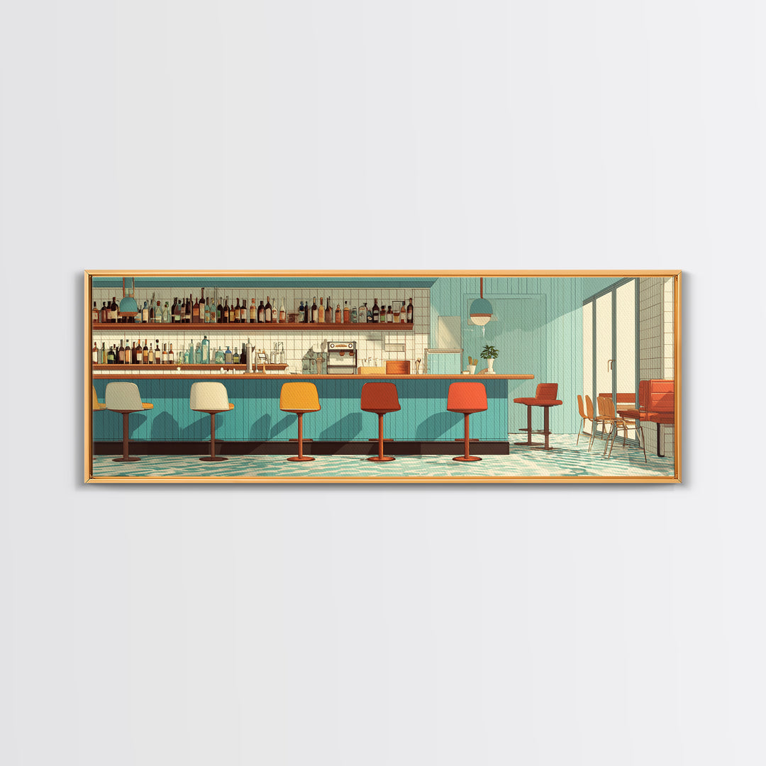 Sunlit Teal Bar With Orange Stools Framed Canvas Print, Mid Century Modern Decor, Retro Wall Art, Kitchen Poster, Large Prints