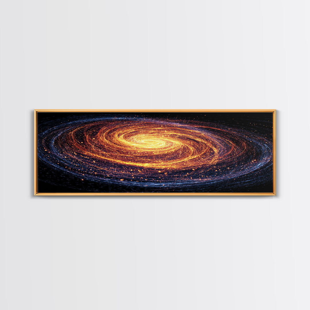 Glowing Spiral Galaxy In Orange And Blue Canvas Print, Cosmic Retro Art, Space Abstract Art, Modern Wall Decor, Panoramic Living Room Art