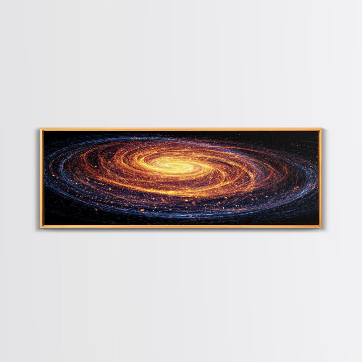 Glowing Spiral Galaxy In Orange And Blue Canvas Print, Cosmic Retro Art, Space Abstract Art, Modern Wall Decor, Panoramic Living Room Art