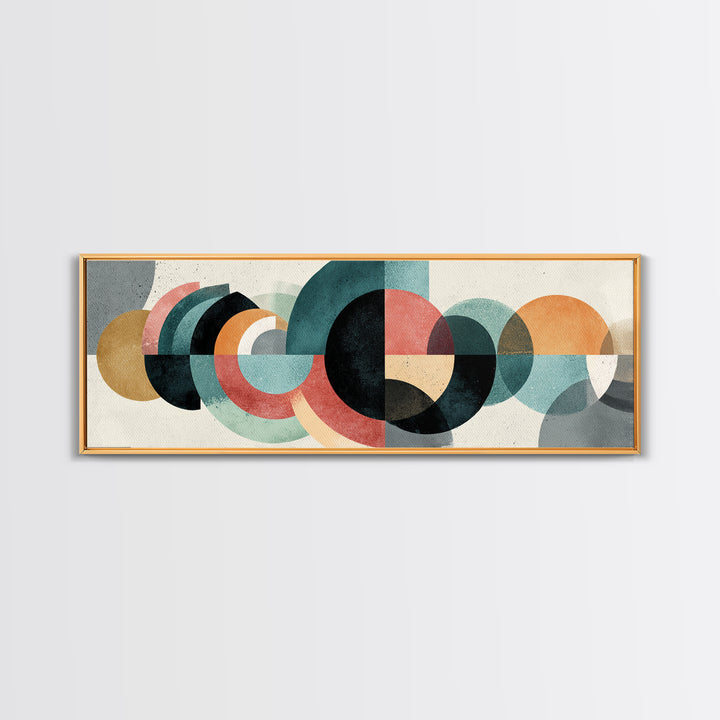 Layered Teal Coral Mustard Circle Wall Art, Midcentury Modern Abstract Art, Bauhaus Geometric Decor, Framed Canvas Print