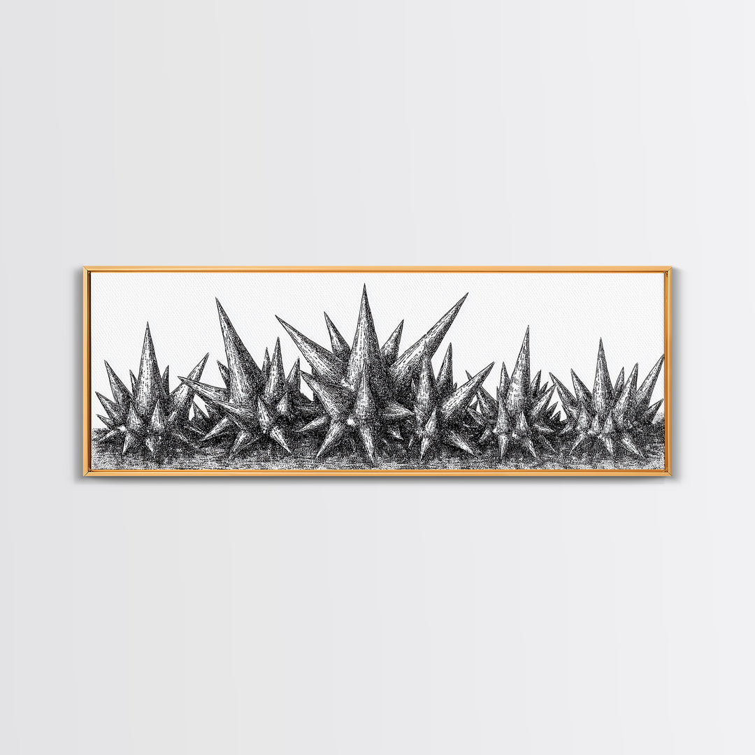 Black Spiky Crystal Landscape Wall Art, Minimalist Abstract Line Art, Monochrome Modern Wall Decor, Framed Canvas Print Gift
