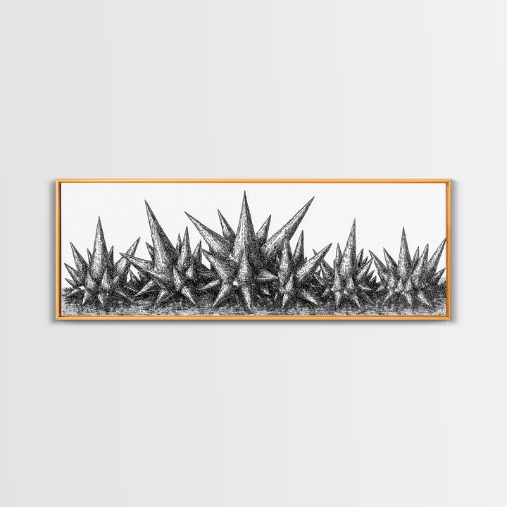 Black Spiky Crystal Landscape Wall Art, Minimalist Abstract Line Art, Monochrome Modern Wall Decor, Framed Canvas Print Gift