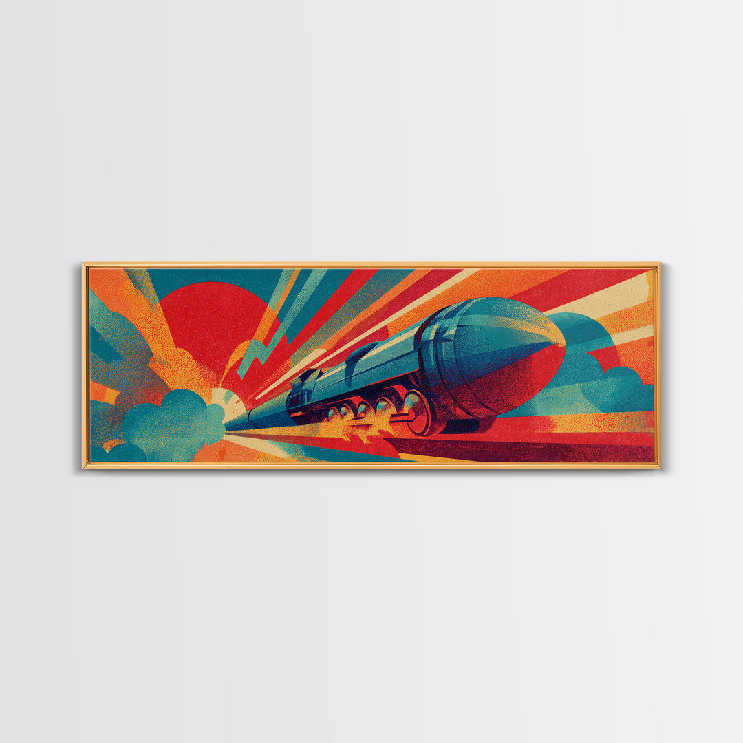 Streamlined Rocket Train Racing Past Red Sun Canvas Print, Midcentury Modern Art, Retro Futuristic Rail Poster, MCM Wall Decor