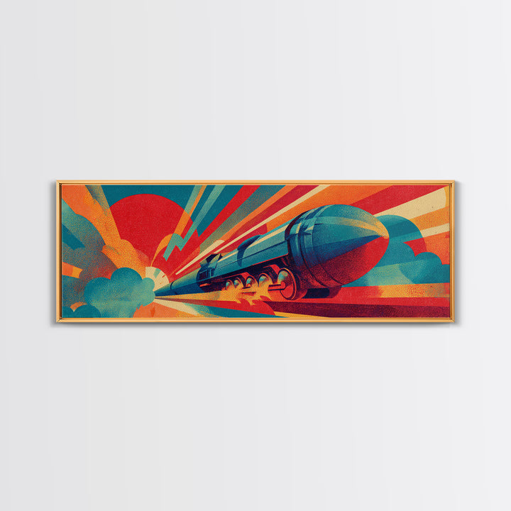 Streamlined Rocket Train Racing Past Red Sun Canvas Print, Midcentury Modern Art, Retro Futuristic Rail Poster, MCM Wall Decor