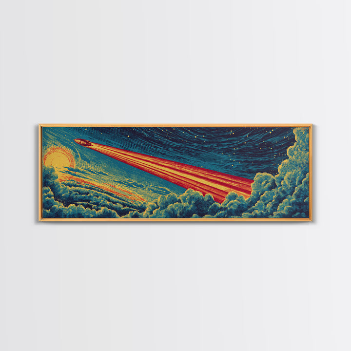 Rocket Blazing Through Night Clouds Framed Canvas Print, Midcentury Modern Space Art, Retro Sci Fi Poster, Cosmic Wall Decor