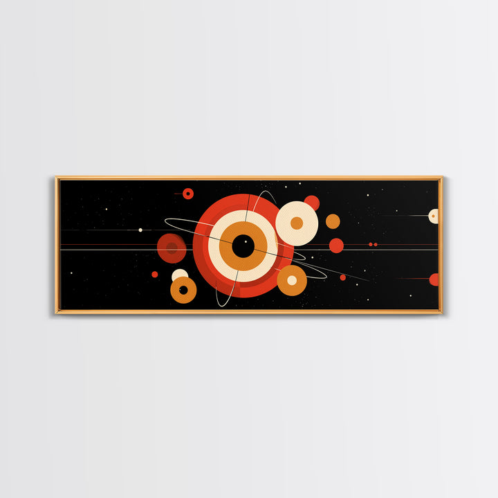 Black Space Abstract With Orange Orbit Circles Wall Art, Midcentury Modern Geometric Print, Atomic MCM Poster, Retro Decor
