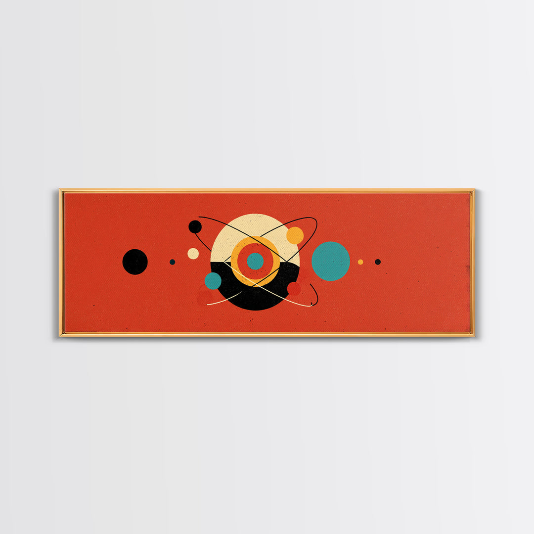 Red Atomic Abstract With Orbiting Circles Canvas Print, Midcentury Modern Wall Art, Geometric MCM Poster, Retro Home Decor