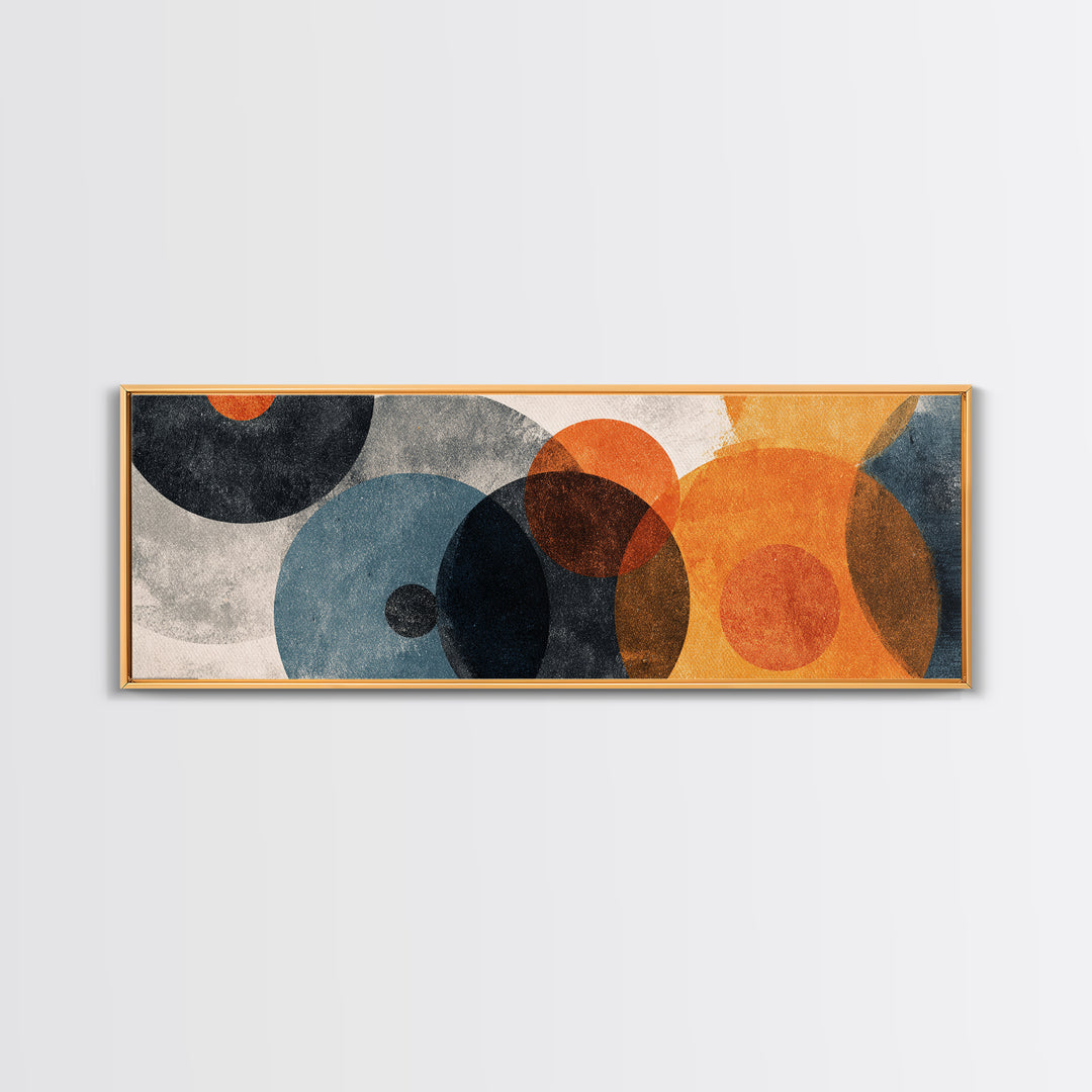 Textured Overlapping Gray Blue And Orange Circles Canvas Print, Modern Abstract Wall Art, Geometric MCM Decor, Neutral Poster