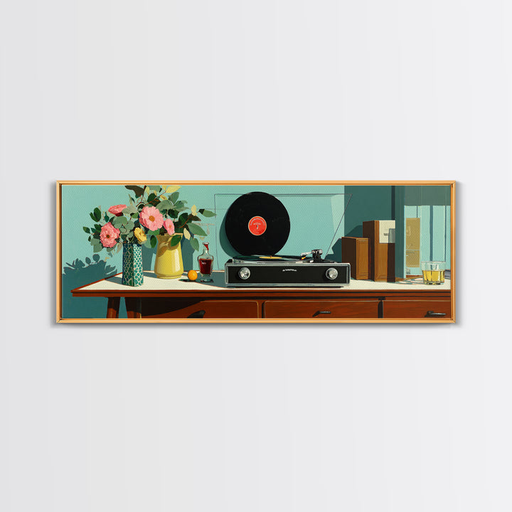 Teal Vinyl And Flower Console Canvas Print, Mid Century Modern Wall Decor, Record Player Art Print, Retro Living Room Decor
