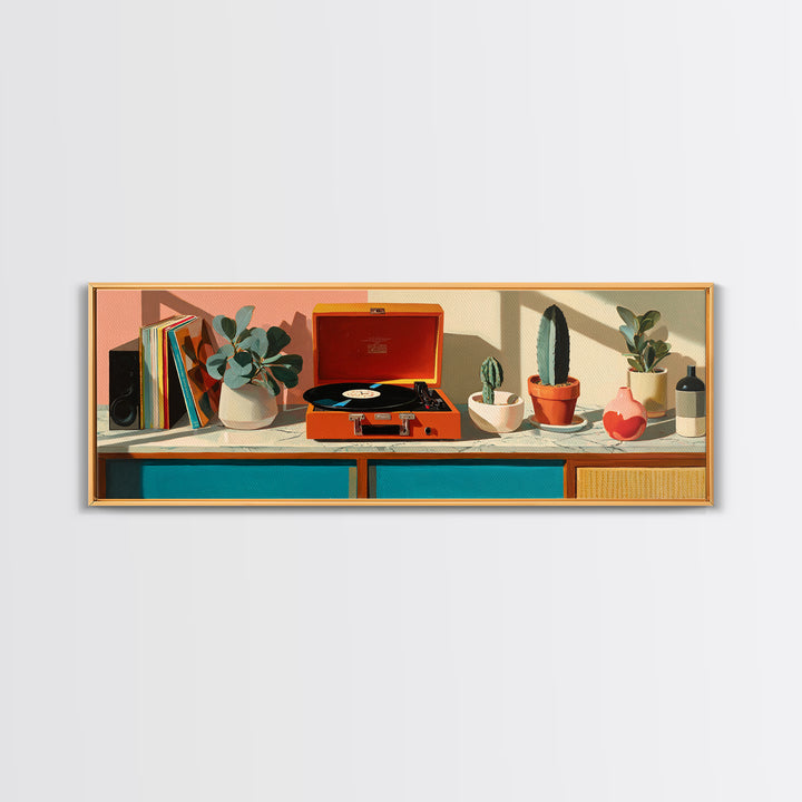 Orange Portable Record Player Wall Art, Mid Century Modern Shelf Decor, Cactus Vinyl Print, Retro Music Room Home Decor Poster