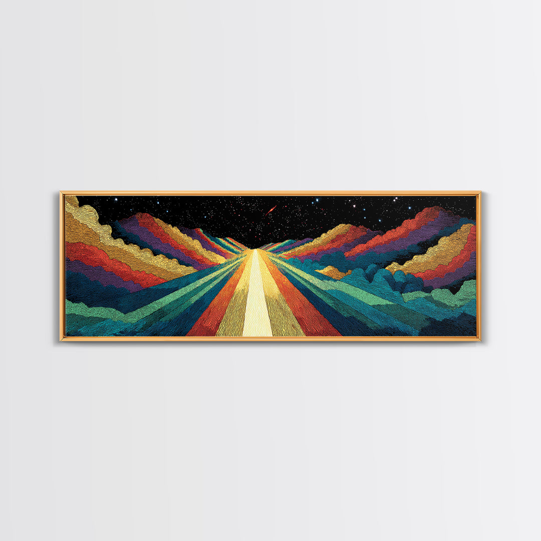 Cosmic Rainbow Mountain Road Canvas Print, Mid Century Modern Space Landscape Art, Retro Sci Fi Wall Decor, Colorful Poster