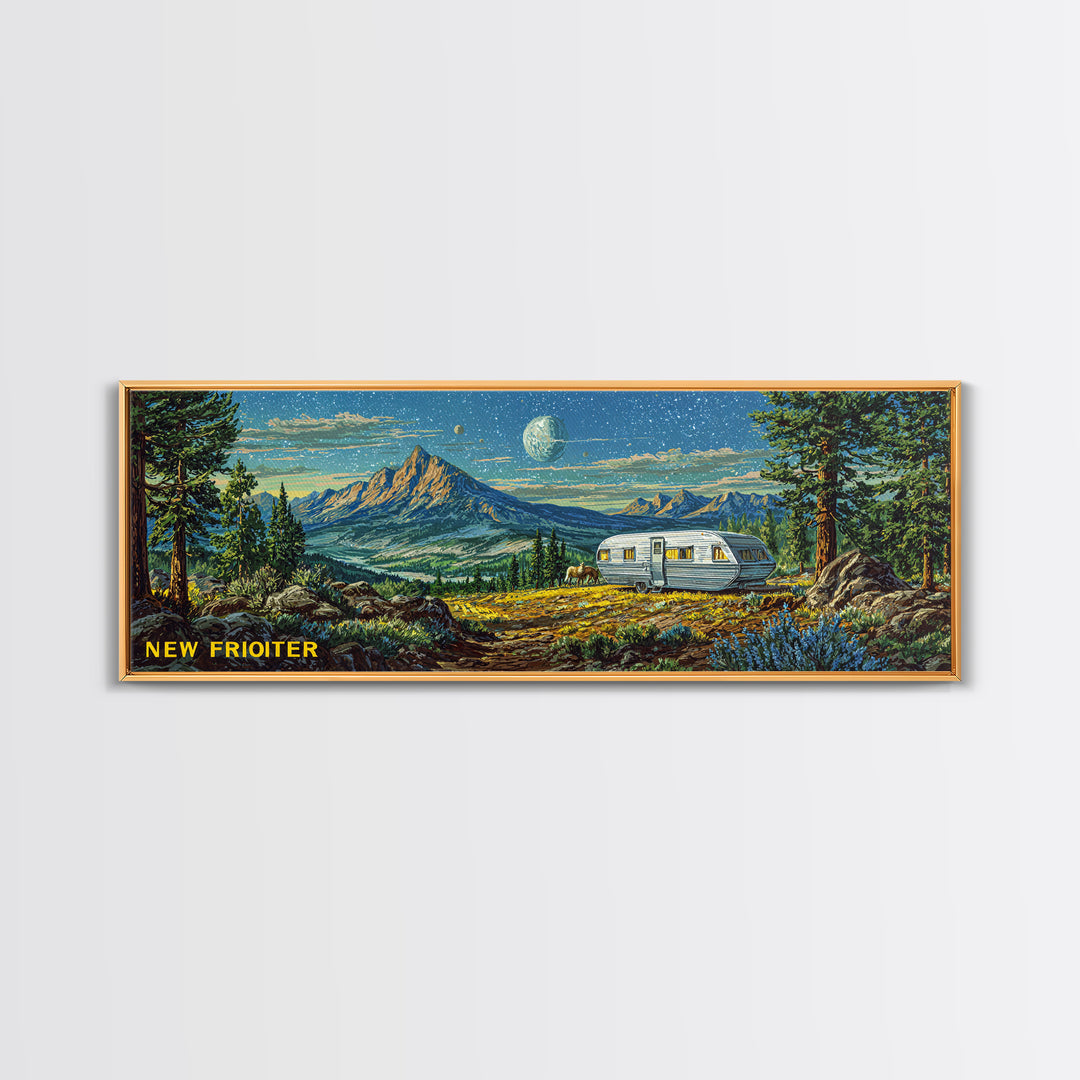 New Frontier Camper Mountain Canvas Print, Retro Travel Wall Art, Midcentury Modern Landscape Poster, Rustic Cabin Decor Gift