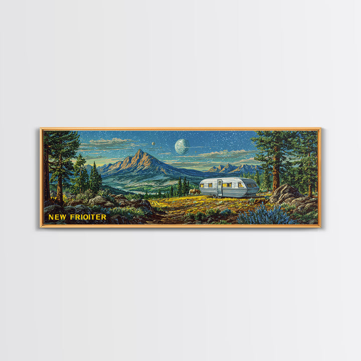 New Frontier Camper Mountain Canvas Print, Retro Travel Wall Art, Midcentury Modern Landscape Poster, Rustic Cabin Decor Gift