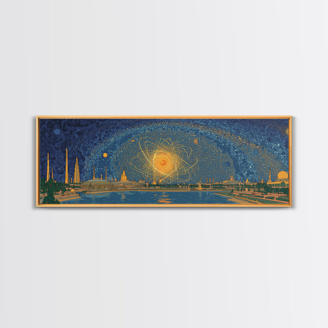 Golden Cosmic Skyline Wall Art, Midcentury Modern Abstract Print, Retro Space Age Poster, Blue Orange Living Room Home Decor