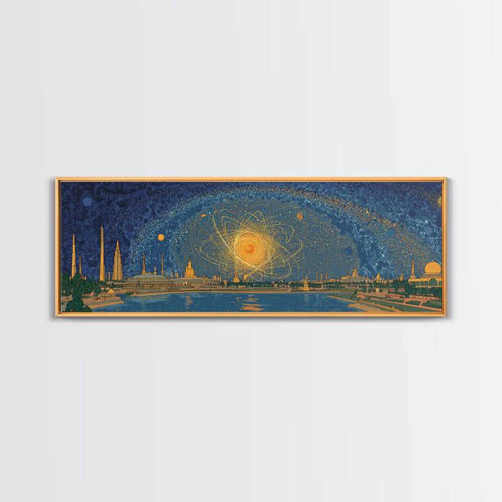 Golden Cosmic Skyline Wall Art, Midcentury Modern Abstract Print, Retro Space Age Poster, Blue Orange Living Room Home Decor