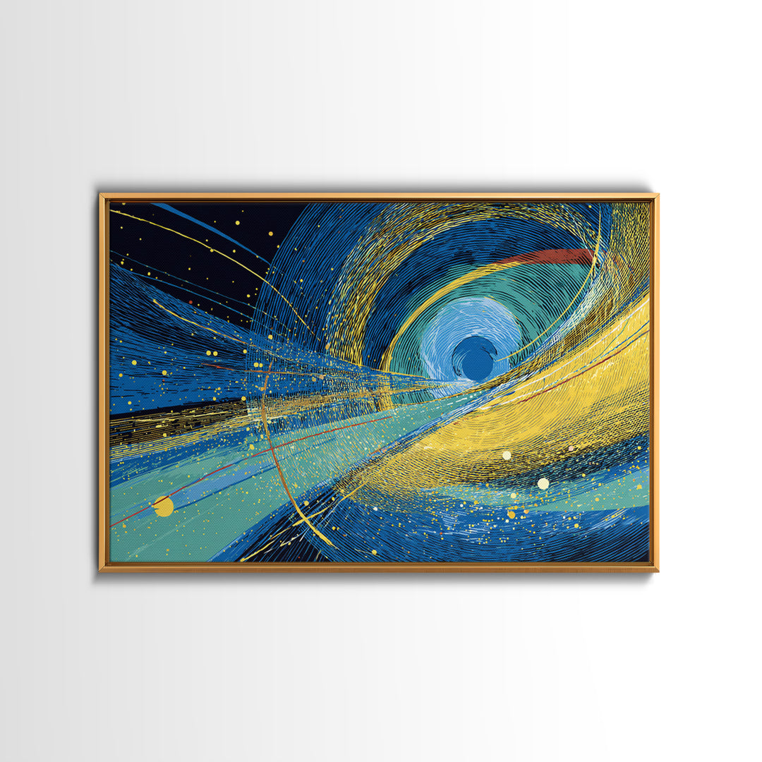 Blue Yellow Cosmic Vortex Abstract Wall Art, Modern Geometric Space Print, Midcentury Decor, Large Canvas Print, Living Room Decor