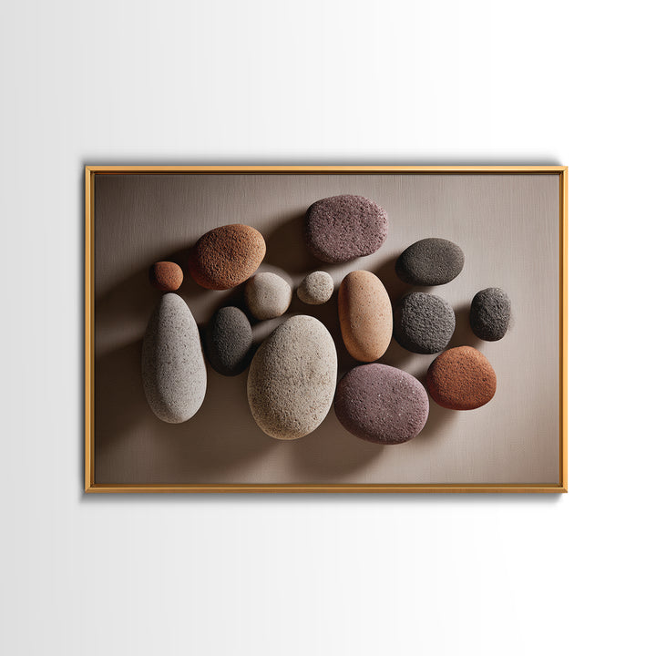 Neutral Pebble Stone Still Life Wall Art, Modern Minimalist Art Print, Nature Home Decor, Earth Tone Framed Canvas Print