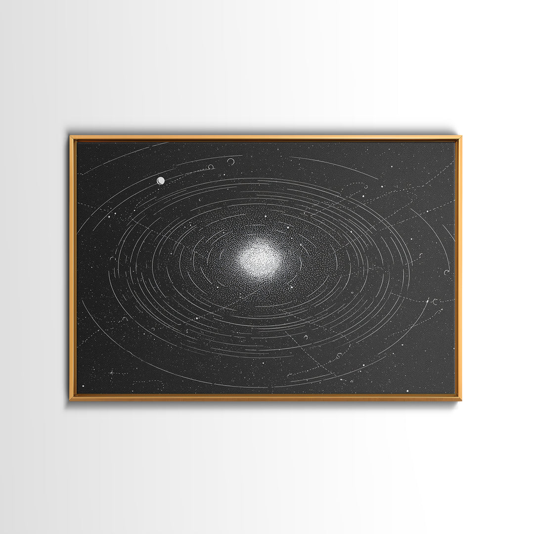 Black White Orbiting Galaxy Starfield Canvas Print, Modern Abstract Wall Art, Space Retro Geometric Poster, Cosmic Home Decor