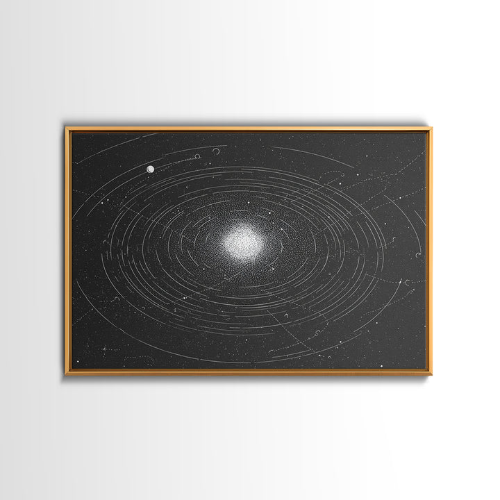 Black White Orbiting Galaxy Starfield Canvas Print, Modern Abstract Wall Art, Space Retro Geometric Poster, Cosmic Home Decor