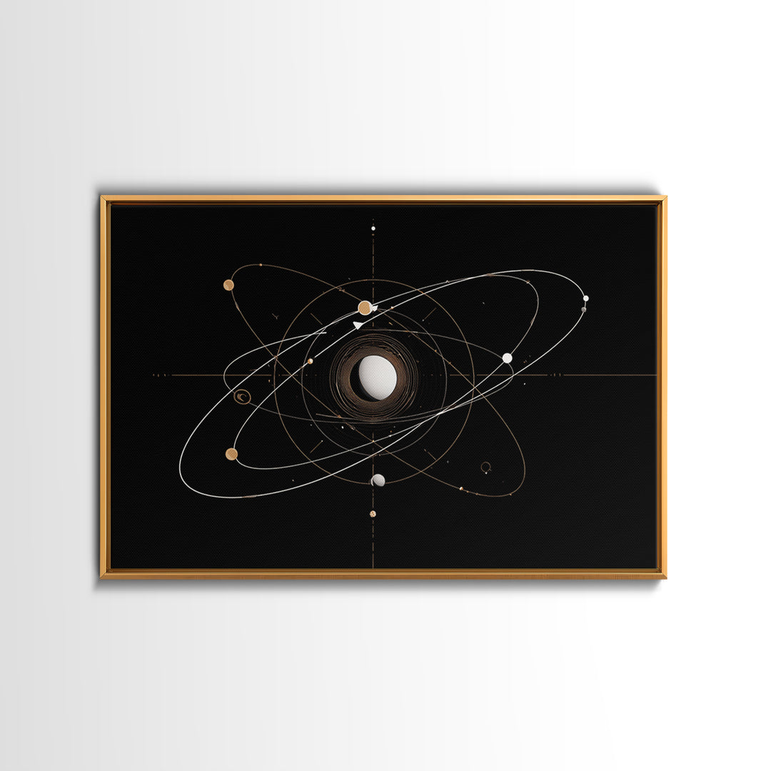 Gold Atomic Orbit Diagram Wall Art, Midcentury Modern Space Abstract Art, Geometric Black Home Wall Decor, MCM Canvas Print