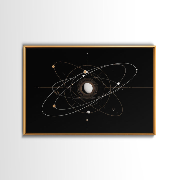Gold Atomic Orbit Diagram Wall Art, Midcentury Modern Space Abstract Art, Geometric Black Home Wall Decor, MCM Canvas Print