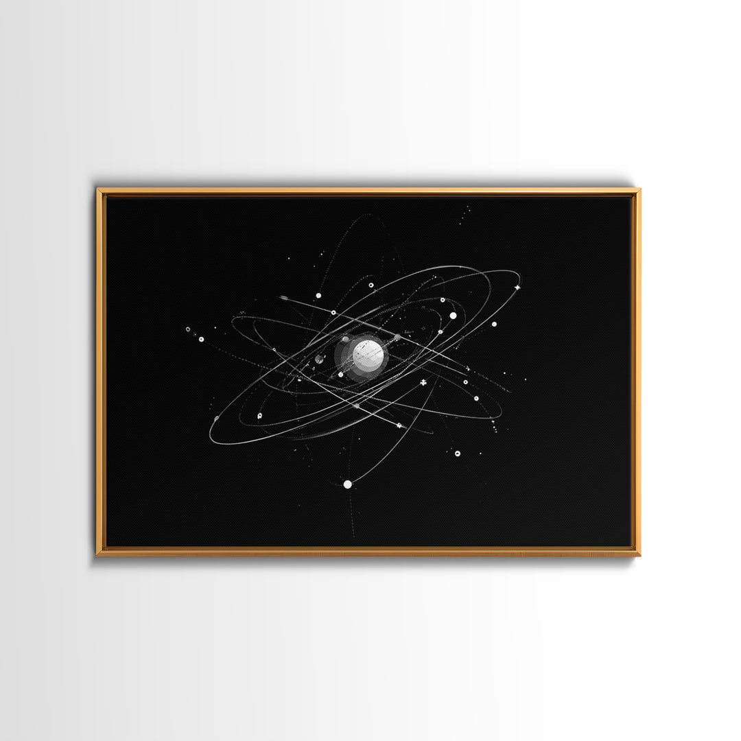 Silver Atomic Orbit Lines Wall Art, Modern Abstract Space Poster, Black And White Geometric Decor, Midcentury Canvas Print