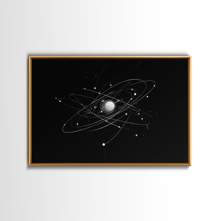 Silver Atomic Orbit Lines Wall Art, Modern Abstract Space Poster, Black And White Geometric Decor, Midcentury Canvas Print