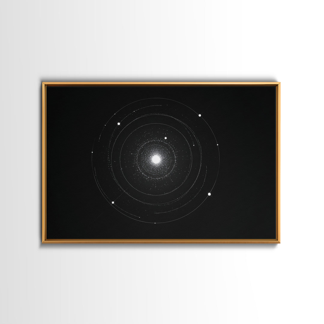 Minimal Solar System Orbit Wall Art, Black And White Space Abstract Art, Modern Geometric Poster Decor, Framed Canvas Print