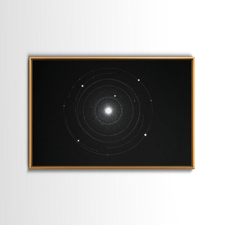 Minimal Solar System Orbit Wall Art, Black And White Space Abstract Art, Modern Geometric Poster Decor, Framed Canvas Print
