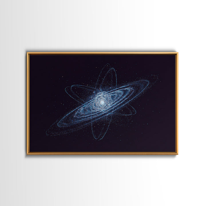 Blue Particle Galaxy Orbit Wall Art, Cosmic Retro Art, Space Abstract Art Print, Modern Geometric Home Decor, Canvas Print