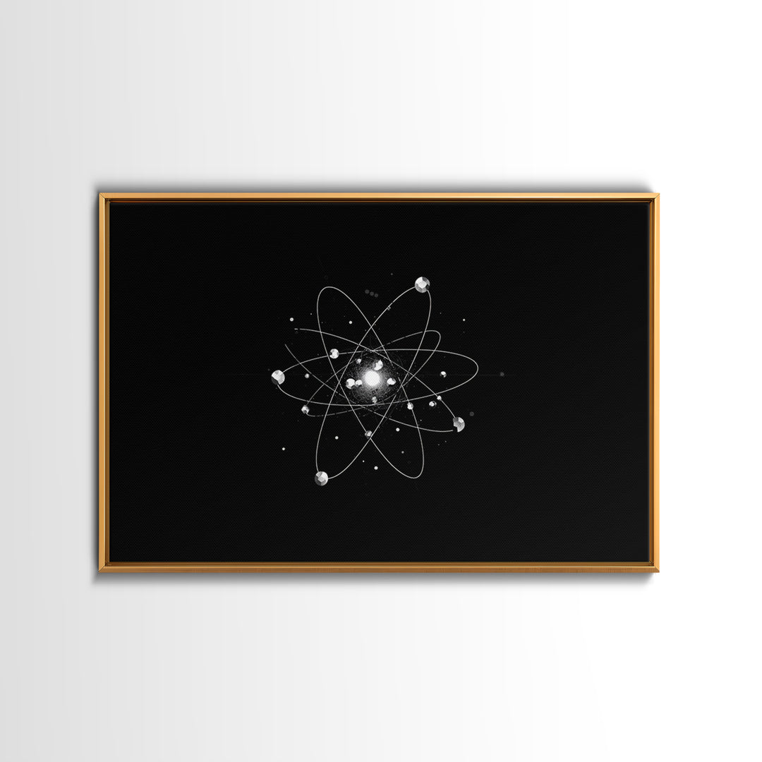 Bright Atomic Nucleus Orbit Wall Art, Black And White Modern Art Print, Geometric Space Decor Poster, Midcentury Canvas Print