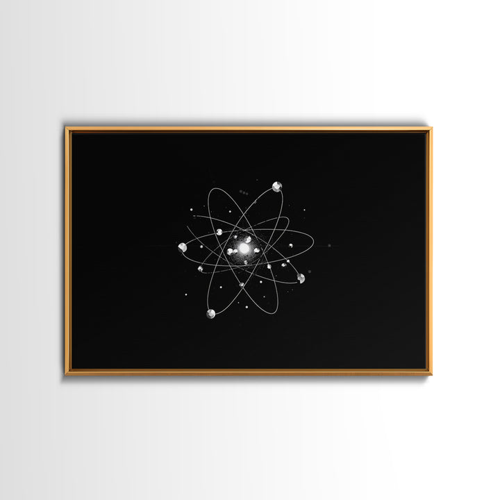 Bright Atomic Nucleus Orbit Wall Art, Black And White Modern Art Print, Geometric Space Decor Poster, Midcentury Canvas Print