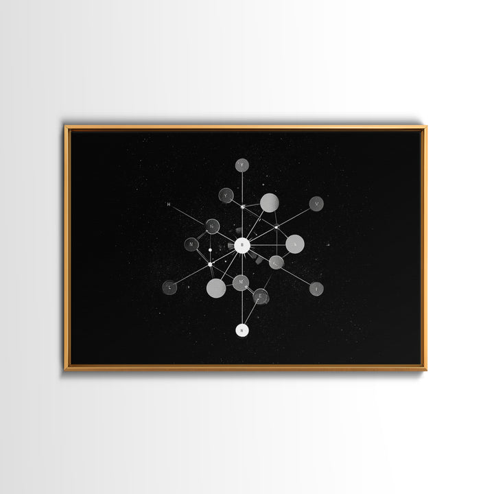 Scientific Molecular Network Wall Art, Black And White Modern Abstract Art, Geometric Science Decor, Framed Canvas Print
