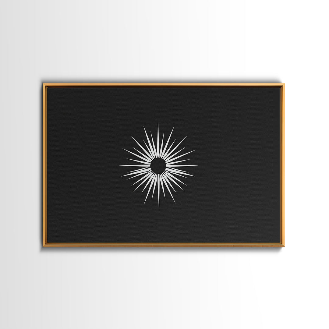 White Sunburst Eclipse Wall Art, Minimalist Black Modern Art Print, Midcentury Atomic Geometric Decor, Framed Canvas Print